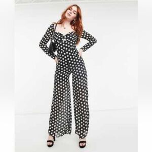 DARK PINK long sleeve sweetheart neck line jumpsuit in black and white polkadot